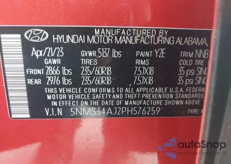 2023 Hyundai Santa Fe Sel z USA, uszkodzony, nr VIN 5NMS34AJ2PH576259